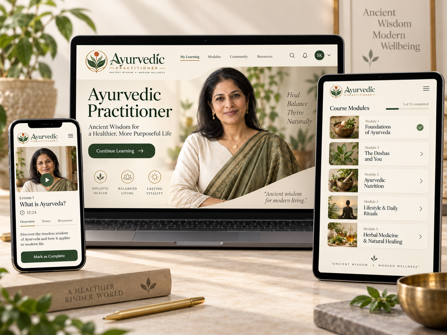 Ayurvedic Practitioner course displayed on laptop, tablet and phone